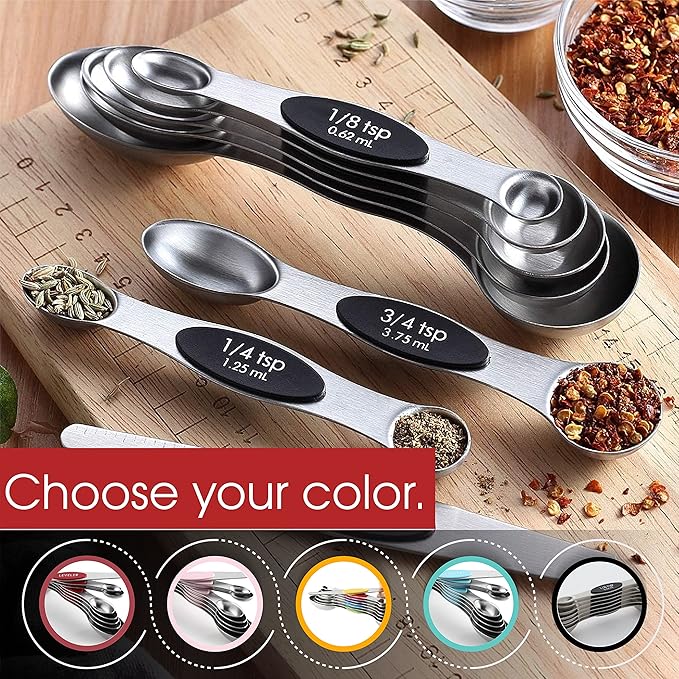 Spring Chef Stainless Steel Magnetic Measuring Spoons Set of 8 with Leveler, Dual Sided Metal Teaspoon & Tablespoon Measuring Spoons, Nesting Kitchen Gadgets for Baking & Cooking - 2 Pack - Black