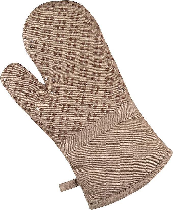 Sticky Toffee Oven Mitt and Pot Holder Set of 3 – Tan Kitchen Hot Pads and Mitts with Non-Slip Silicone Grip, 100% Cotton Shell, Oeko-Tex Cotton