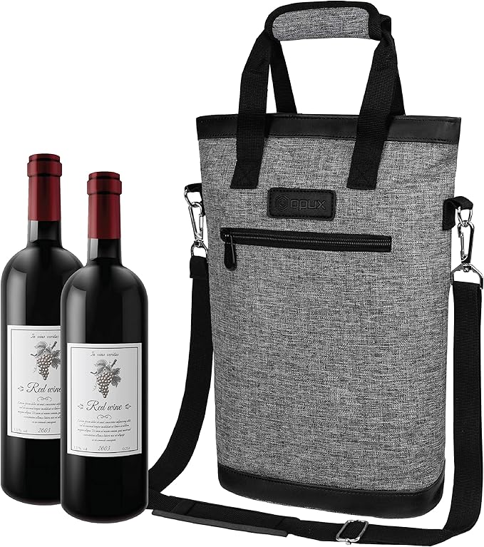 opux Two Bottle Wine Bag Carrier Tote, Insulated Leakproof 2 Bottle Wine Cooler Bag for Travel BYOB Picnic, Portable Wine Case, Gift for Men Women Wine Lover Birthday Party Christmas, Heather Grey