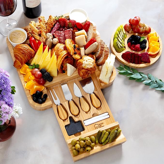 Large Bamboo Charcuterie Boards Gift Set with Hidden Drawer, Side Fruit Tray, Cheese Knife Set, Ceramic Bowls, Recipe Book - House Warming Gifts New Home