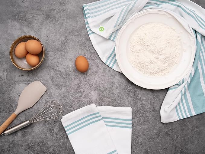 Aqua Stripes Cotton Kitchen Towels - 100% Cotton, 6 Pack, 30"x20", Absorbent, Lightweight, Lint-Free, Washable, Reusable and Quick-Dry Dish Towels with Hanging Loop (Aqua)