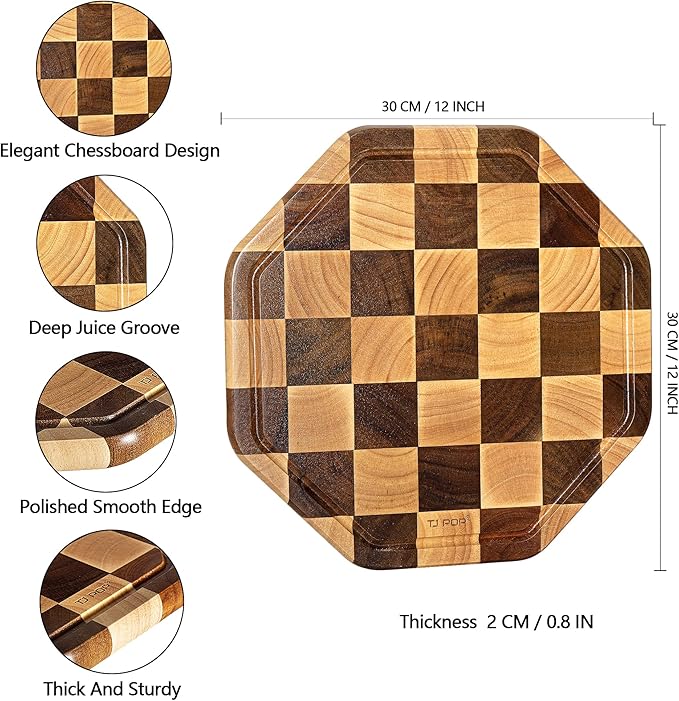 TJ POP End Grain Wood Cutting Board With Juice Groove, Octagon Serving Board For Kitchen, Flippable Charcuterie Board For Cheese, Bread & Fruits, 12x12x0.8 Inch