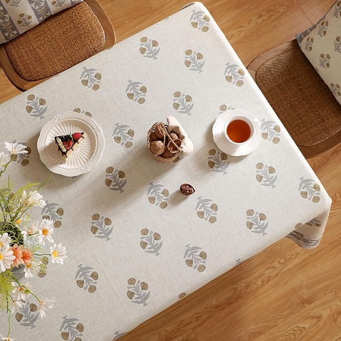 patdrea Designer Beige Tablecloth for Rectangle Tables,Vintage Linen with Yellow Flowers Pattern Tablecloths,Rustic Floral Table Cover Cloth Decor for Kitchen Dining Christmas,63"*102"