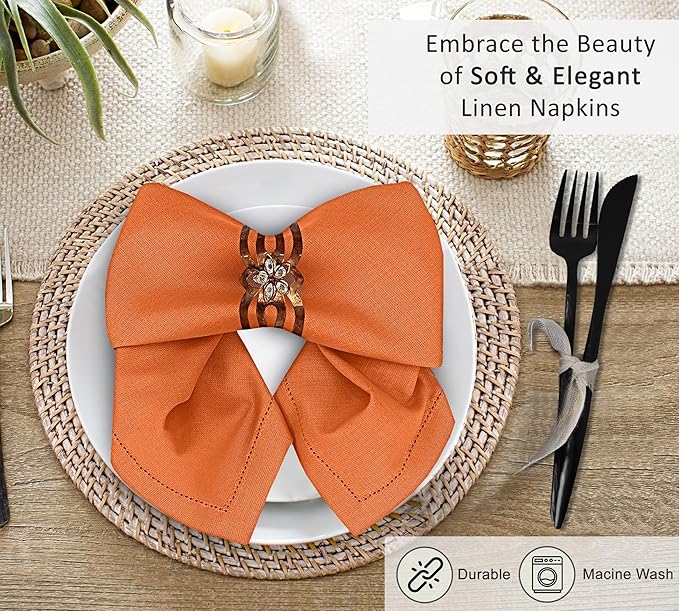 Ruvanti Premium Linen Napkins Set of 6-20x20 Inch, Classic Hemstitch, Mitered Corner Cloth Napkins ‎- Soft, Elegant Dinner Napkins Cloth Washable for Weddings, Parties, Everyday Use - Fall/Orange