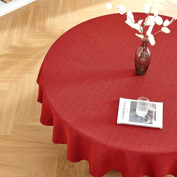 BALCONY & FALCON Rectangle Tablecloth Washable Wrinkle Resistant and Water Proof Table Cloth Decorative Linen Fabric Tablecloths for Dining Party Kitchen Wedding and Outdoor Use (Buby Red, 107" Round)