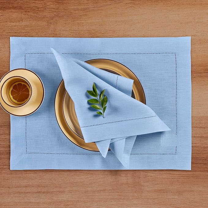Solino Home Linen Cloth Napkins Set of 4-100% Pure Linen Cornflower Blue Dinner Napkins 20 x 20 Inch - Classic Hemstitch, Handcrafted and Machine Washable - Christmas, Holiday