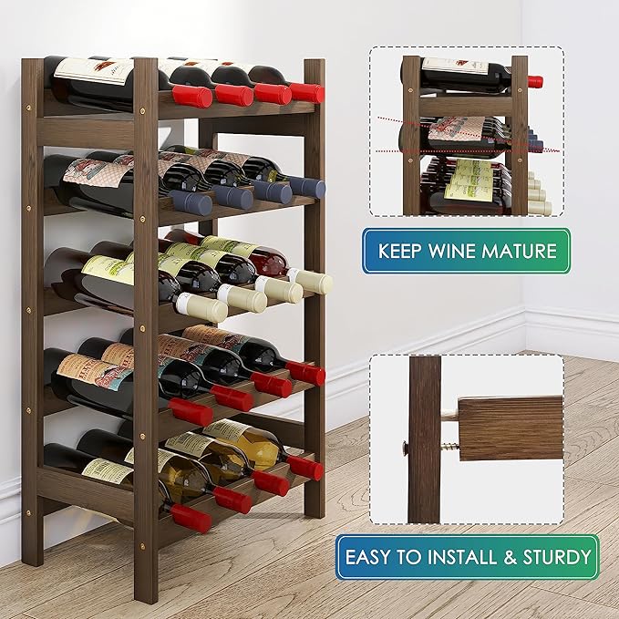 SMIBUY Bamboo Wine Rack, 20 Bottles Display Holder, 5-Tier Free Standing Storage Shelves for Kitchen, Pantry, Cellar, Bar (Walnut)