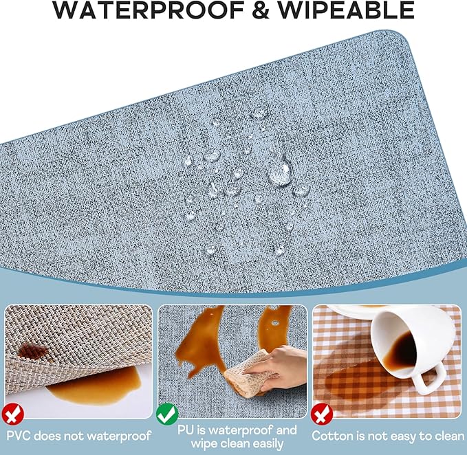 Vinly Placemats Set of 6 - Waterproof Wipeable Faux Leather Table Place Mats Heat Resistant Anti Slip Table Mats for Dining, Indoor, Outdoor, 15.8" x 11.8" (Blue,)