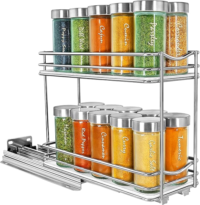 LYNK PROFESSIONAL® Pull Out Spice Rack Organizer for Inside Kitchen Cabinets - 4-3/8 inch Wide - Slide Out Drawer – Chrome Sliding Spice Cabinet Organization Shelf Racks - 2 Tier