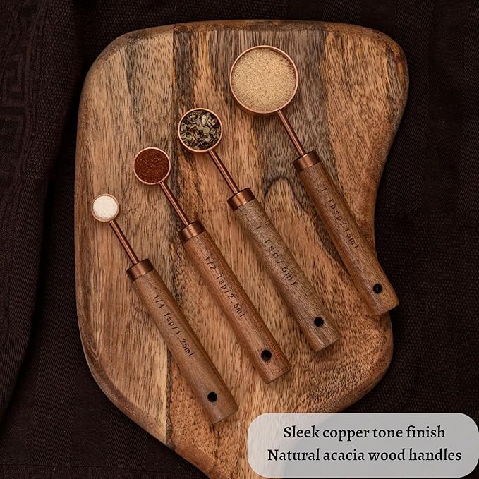 Copper Stainless Steel Measuring Cups and Spoons Set of 8, Wooden Handle with US Measurements, Metric Cups and Spoons for cooking and baking