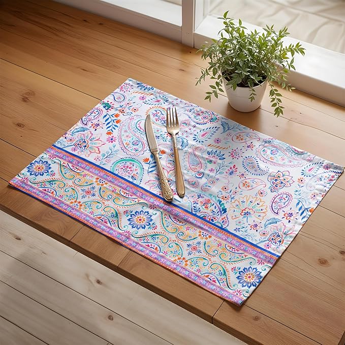Maison d' Hermine Placemats Set of 4 100% Cotton Washable Cloth Place Mats, Reusable Table Mats for Kitchen Dining Decoration, Party, Wedding, Restaurant Spring/Summer (Indian Floral, 13" x 19")
