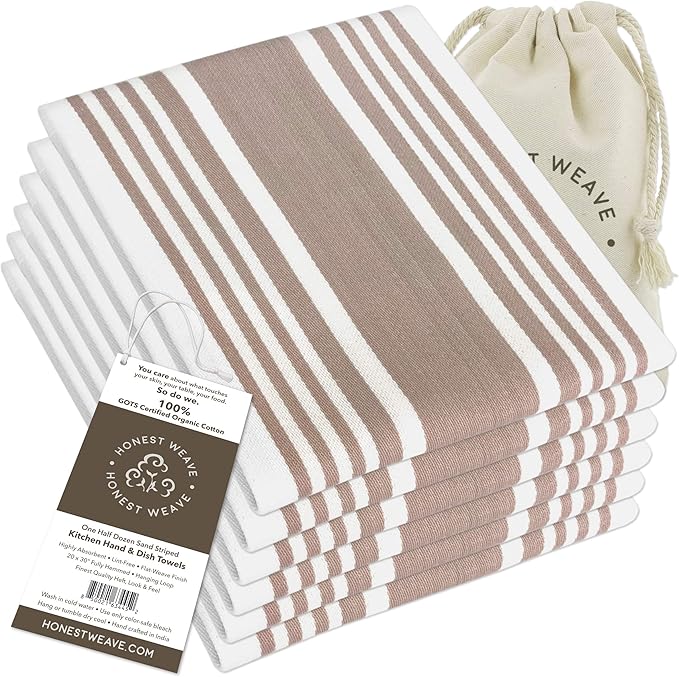 GOTS Certified Organic Cotton Kitchen Hand and Dish Towel Sets - Oversized 20x30 inches, Fully Hemmed, in Designer Colors, 6-Pack, Sand Stripe