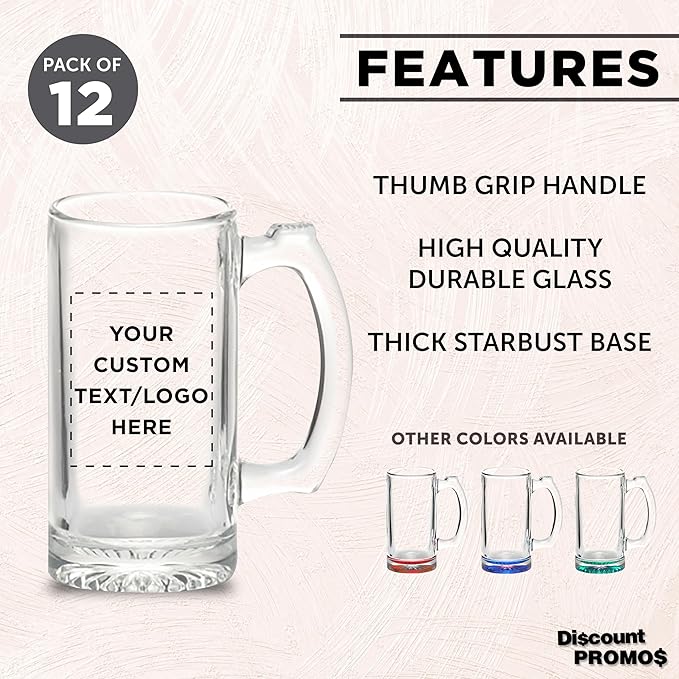 12 Libbey Beer Mugs Set, 12 oz. - Customizable Text, Logo - Groomsmen Glassware - Clear