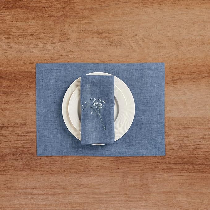 Solino Home Linen Cloth Napkins Set of 4-100% Pure Linen Blue Denim Dinner Napkins 20 x 20 Inch - Athena, Handcrafted and Machine Washable