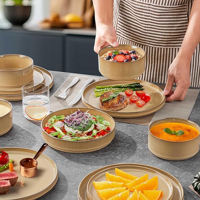 LIANYU 16 Piece Dinnerware Sets with Double Bowls, Ceramic Plates and Bowls Set for 4, Ribbed Stoneware Dishes, Microwave and Dishwasher Safe, Dune Khaki