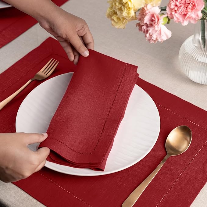 D'Moksha Homes Red Linen Napkins Set of 4 - Classic Hemstitch 100% Pure Linen Hemstitch Dinner Napkins 20 x 20 Inch for Fall, Thanksgiving, Christmas, Holiday - Handcrafted and Machine Washable