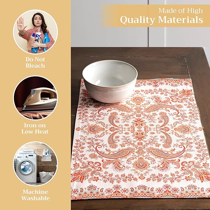 Maison d' Hermine Placemats Set of 4 100% Cotton Washable Cloth Place Mats, Reusable Table Mats for Thanksgiving Christmas Decorations Kitchen Dining Party Wedding Restaurant (Cachemire, 13" x 19")