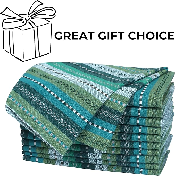 Bedding Craft Cotton Cloth Dinner Napkins Set of 12 – 18x18 Green Multi Salsa Stripe – Durable Machine Washable Fabric Napkins for Weddings, Restaurants, Kitchen & Everyday Dining