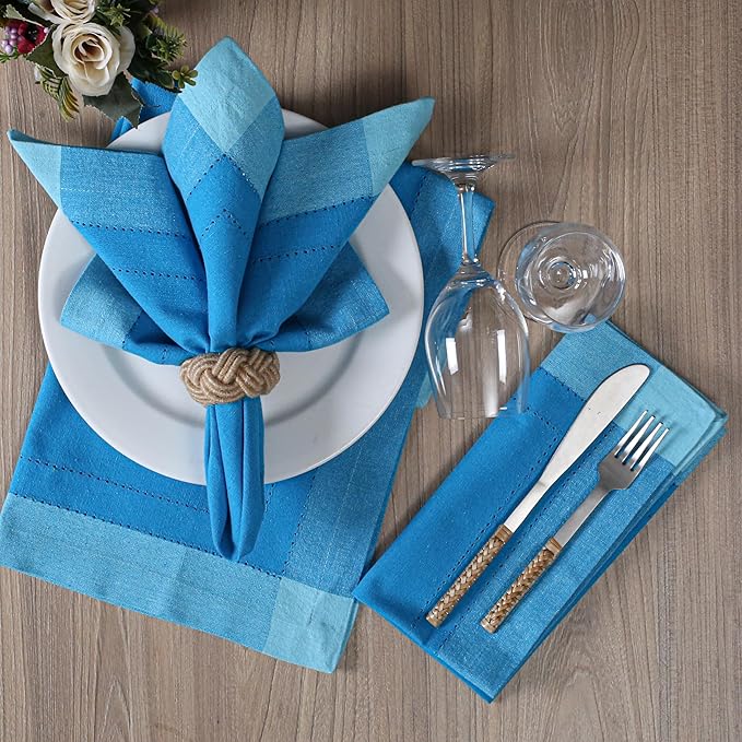 Bedding Craft Cotton Cloth Napkins Set of 12 – 20x20 Blue Multi Double Hemstitched – Machine Washable Dinner Napkins for Weddings, Parties & Father’s Day Celebrations