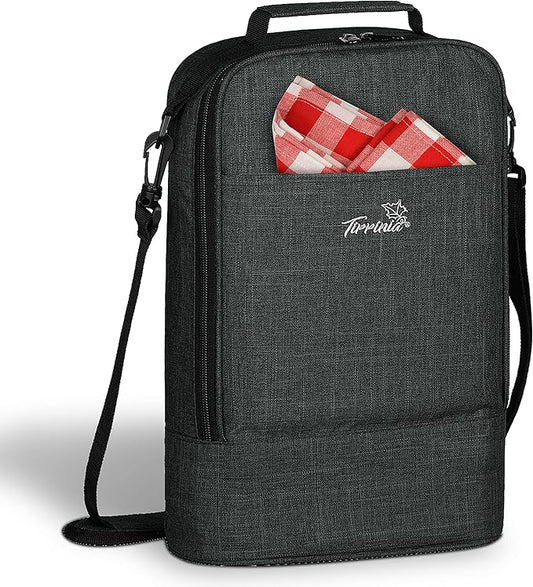 Tirrinia Insulated 2 Bottle Wine Gift Tote Bag - Tumbler Glass Cooler Carrier for BYOB Restaurants, Tasting, Travel, Park, Beach - Great Wine Lover Gift, Charcoal