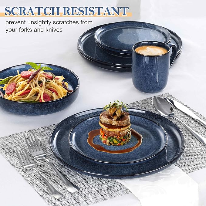 LIANYU 16 Piece Dinnerware Sets with Mugs, Stoneware Plates and Bowls Sets for 4, Dinner Dishware Dishes for Kitchen Dining, Microwave & Dishwasher Safe, Sapphire Blue