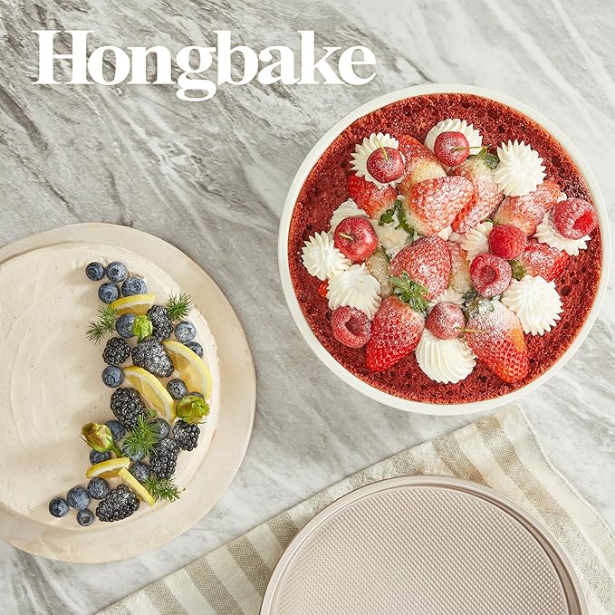 HONGBAKE 9 Inch Round Cake Pan Set of 2, Nonstick Ceramic Coating Cake Molds with Diamond Texture, Aluminized Steel Cake Pans Sets for Baking & Cheesecake, Heavy Duty & Non-Toxic (Cream, 2PCS)