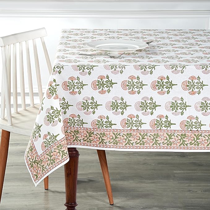 Ridhi Mughal Buta Peach Hand Block Print Cotton Rectangle Tablecloth 108 x 70 inch-Reusable Table Cover Decorative Everyday Use for Dining Room, Farmhouse, Thanksgiving, Christmas Wedding, Fall