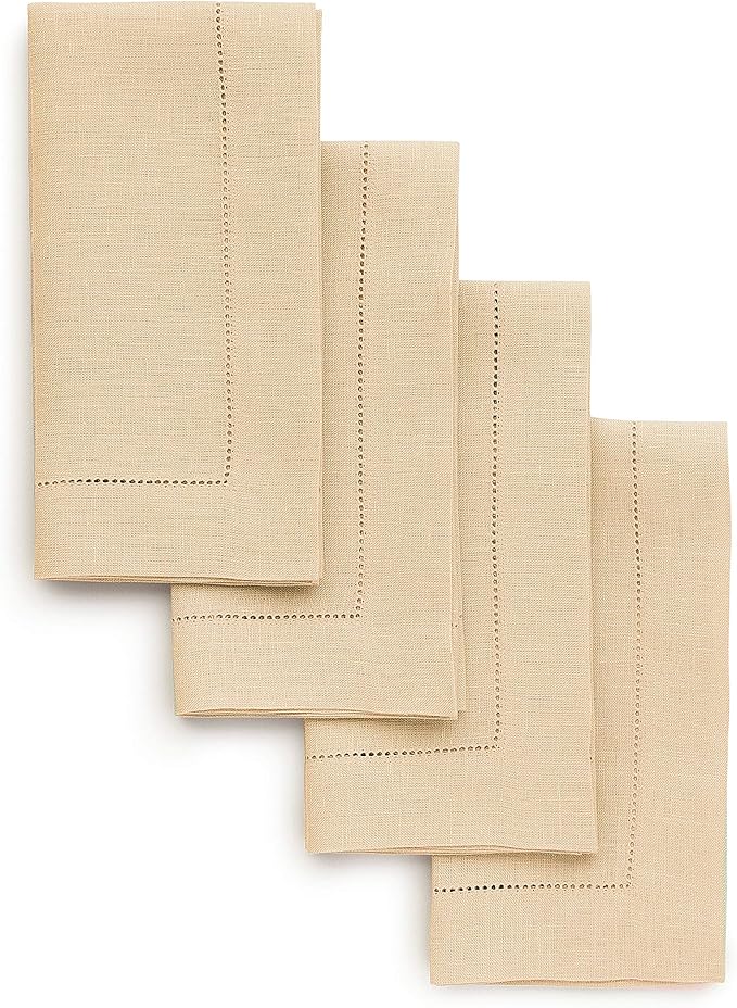 Solino Home Linen Napkins Set of 4 - Classic Hemstitch 100% Pure Linen Beige Dinner Napkins Cloth 20 x 20 Inch for Fall, Autumn, Thanksgiving, Christmas - Handcrafted and Machine Washable