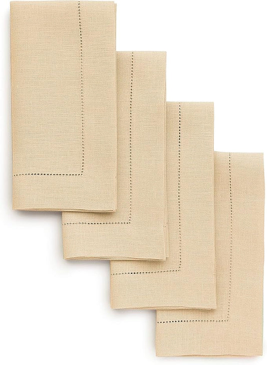 Solino Home Linen Napkins Set of 4 - Classic Hemstitch 100% Pure Linen Beige Dinner Napkins Cloth 20 x 20 Inch for Fall, Autumn, Thanksgiving, Christmas - Handcrafted and Machine Washable