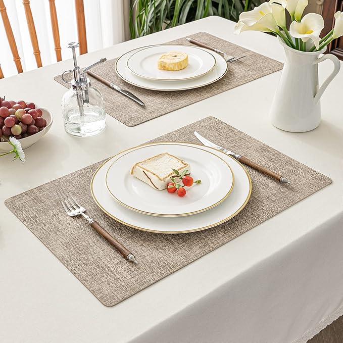 Romanstile Vinyl Placemats Set of 4-12 X 18 Inch - Heat Resistant Place Mats 100% Waterproof Oilproof Wipeable Reversible Faux Leather Table Mats for Kitchen/Dining/Party/Outdoor, Khaki