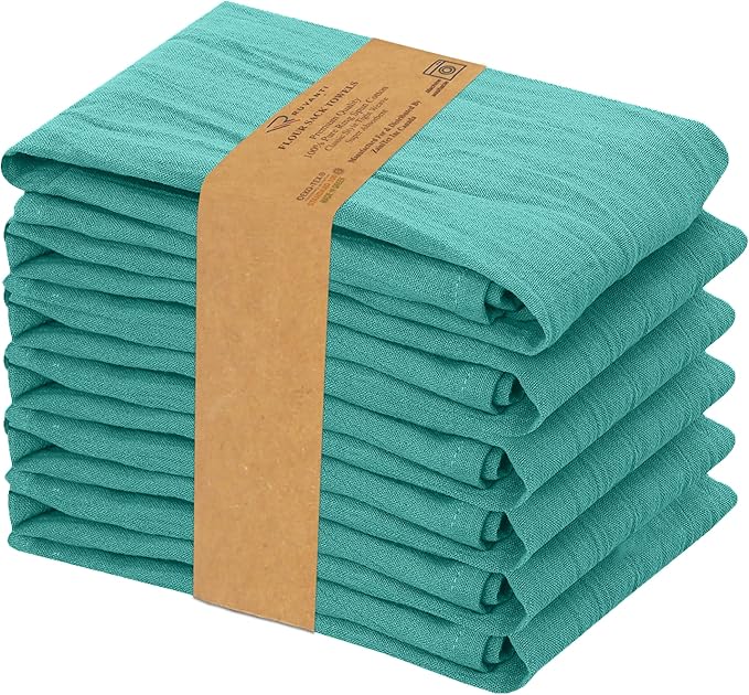 RUVANTI Flour Sack Towels 6 Pack 28x28 Inch, 100% Cotton Tea Towel, Reusable, Machine Washable, Absorbent BarTowels - Dish Cloth Perfect for Drying Dishes & Cleaning - Turquoise