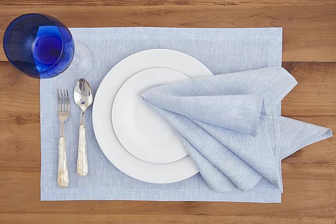 Solino Home Linen Cloth Napkins Set of 4-100% Pure Linen Chambray Blue Dinner Napkins 20 x 20 Inch - Athena, Handcrafted and Machine Washable - Christmas