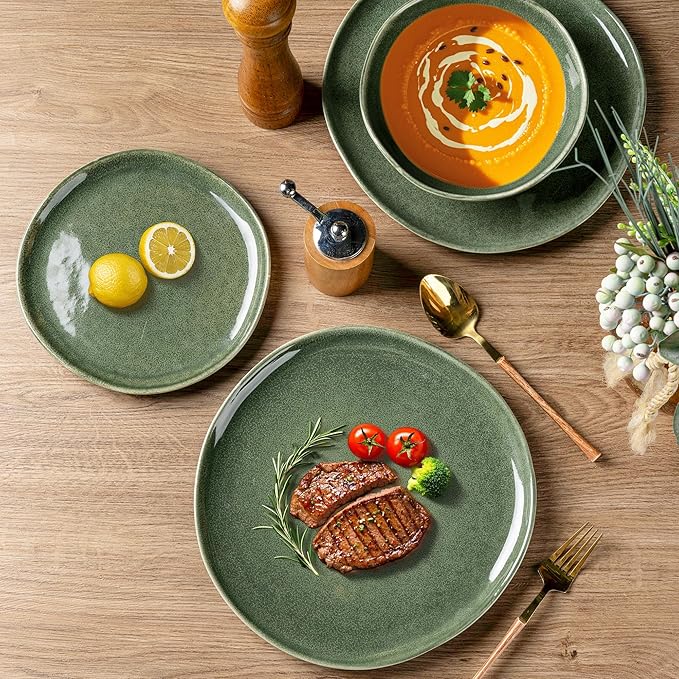 AmorArc Ceramic Dinnerware Sets,Handmade Reactive Glaze Stoneware Plates and Bowls Set,Highly Chip and Crack Resistant | Dishwasher & Microwave Safe Dishes Set,Service for 4 (12pc)