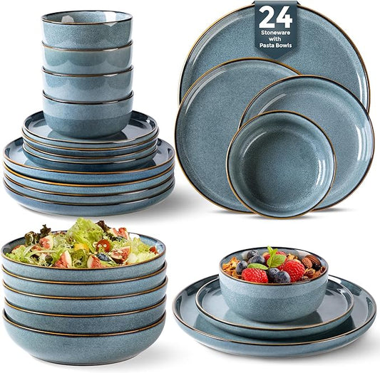 GBHOME 24 Pieces Double Bowls Ceramic Dinnerware Sets for 6, Stoneware Plates and Bowls Set with Reactive Glaze, Scratch Resistant Stoneware Dishes Set, Dishwasher & Microwave Safe