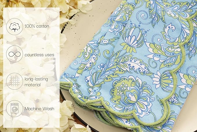 PurpleEssences Scalloped Embroidery Kalamkari Cloth Napkins Christmas Holiday Winter Table Decor 100% Cotton Set of 4-18 x 18 inch - Light Blue Edges - Sage Green