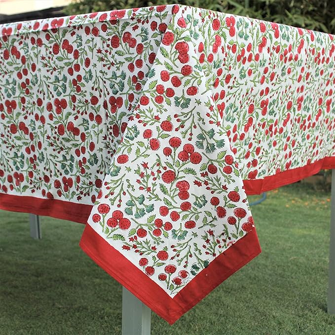 Ridhi Garnet Red and Emerald Green Indian Floral Hand Block Printed Cotton Cloth Tablecloth, Table Cover, Farmhouse Thanksgiving Christmas 4 Seater 60x60 Inches Square