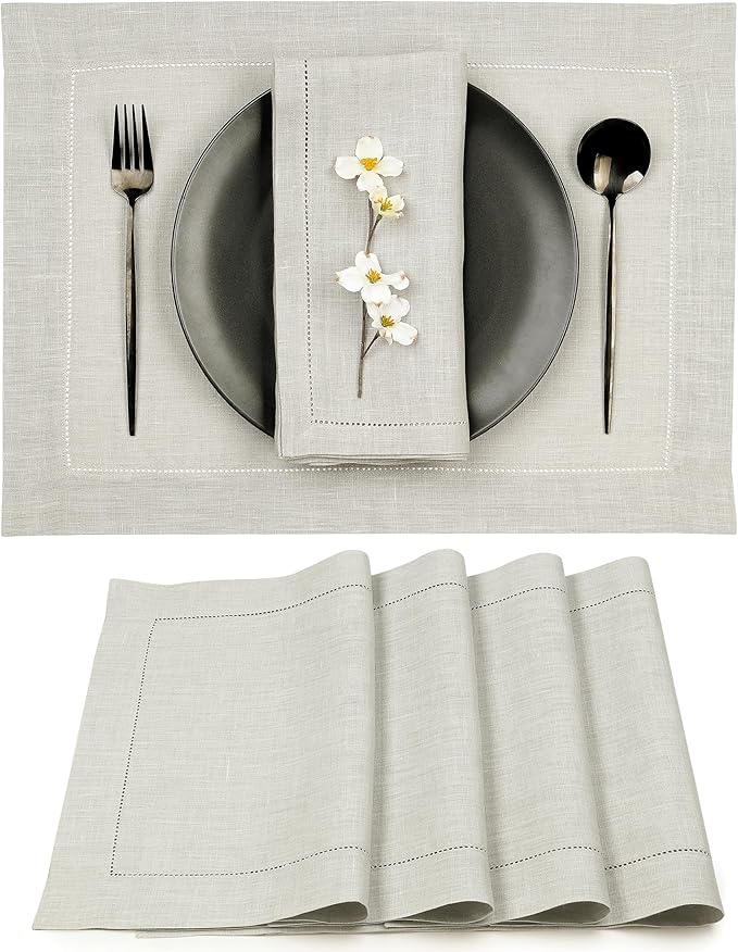 D'Moksha Homes Silver Grey Linen Cloth Placemats Set of 4-100% Pure Linen Hemstitch Placemats 14 x 19 Inch - Classic Hemstitch Table Place Mats for Thanksgiving - Handcrafted and Machine Washable