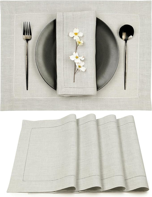 D'Moksha Homes Silver Grey Linen Cloth Placemats Set of 4-100% Pure Linen Hemstitch Placemats 14 x 19 Inch - Classic Hemstitch Table Place Mats for Thanksgiving - Handcrafted and Machine Washable
