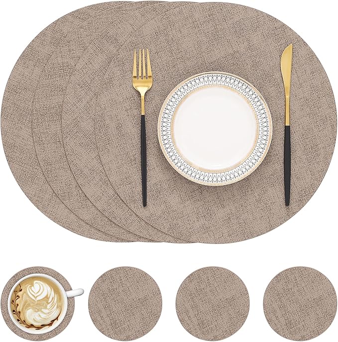 homing Round Faux Leather Placemat and Coaster 4 Packs, Washable Heat Resistant Dining Place Mats, Wipeable Double-Sided Table Mats for Indoor and Outdoor, Diameter 13 and 3.93 inch, Camel