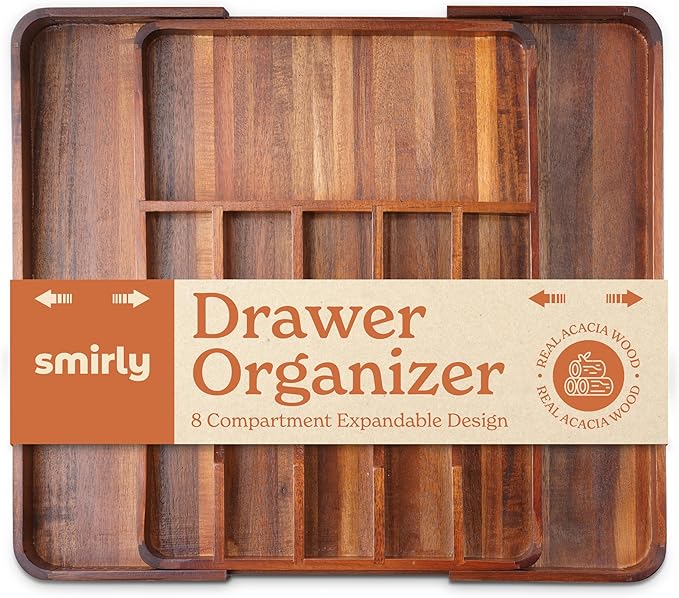 SMIRLY Silverware Drawer Organizer – Bamboo Kitchen Drawer Organizer, Adjustable Utensil Holder and Cutlery Tray, Drawer Dividers for Flatware and Kitchen Utensils