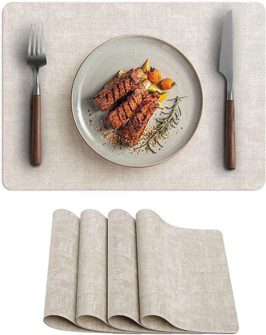 Faux Leather Vinyl Placemats Set of 4 Wipeable Heat Resistant Place Mats 100% Washable - Waterproof - Anti Slip Reversible Table Mats for Kitchen/Dining/Party, 12" x 16.5", Beige
