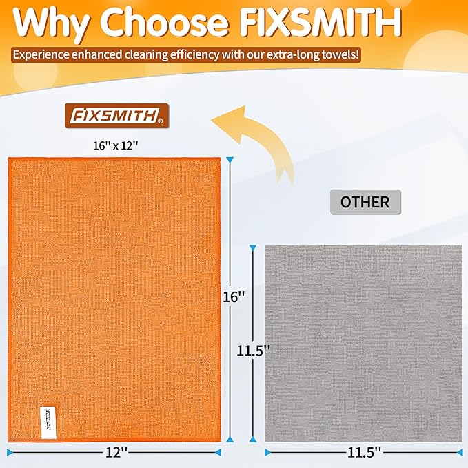 FIXSMITH Microfiber Cleaning Cloth -Pack of 12, Highly Absorbent Cleaning Rags(Grey&Orange), 16"X12" All Purpose Cleaning Towels for Housekeeping, Kitchen, Car, Reusable Microfiber Towels