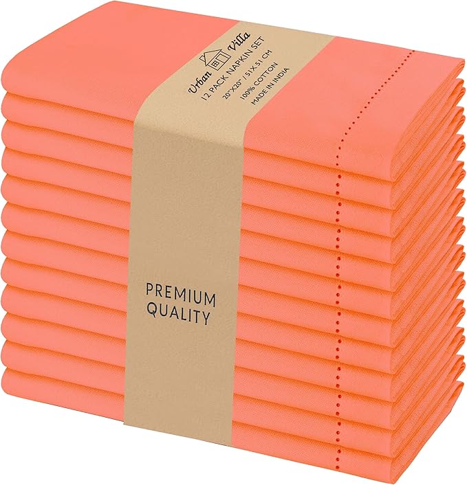Urban Villa Fall Cloth Napkins Hemstitch Dinner Napkins Orange Color 20''x20'' (Set of 12) 100% Cotton Absorbent Napkins Soft Durable Reusable Washable Ideal for Events Parties Everyday use