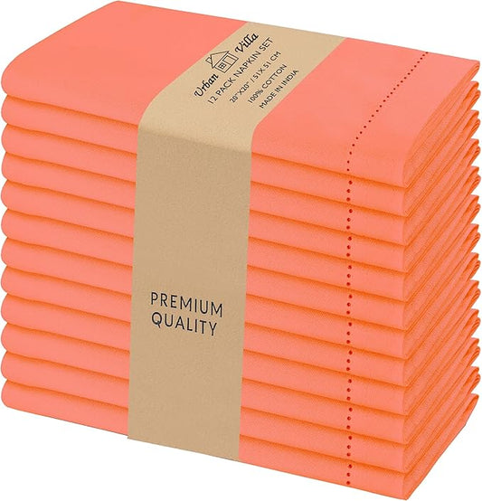 Urban Villa Fall Cloth Napkins Hemstitch Dinner Napkins Orange Color 20''x20'' (Set of 12) 100% Cotton Absorbent Napkins Soft Durable Reusable Washable Ideal for Events Parties Everyday use