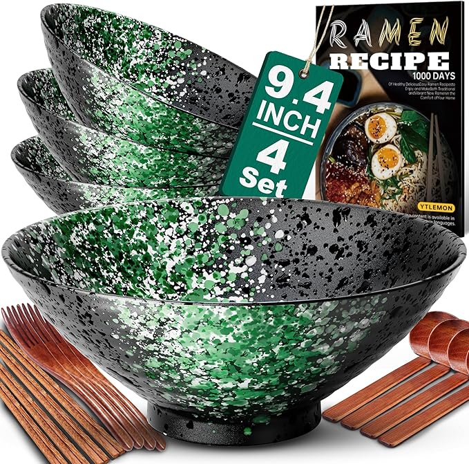 9.4Inch Ceramic Ramen Bowl Set of 4 (17 Piece) - Porcelain Japanese Salad Noodles Cereal Fruit Pasta Soup Large Bowls with Recipes Chopsticks Forks Spoons for Men Women Gift Microwave Dishwasher Safe