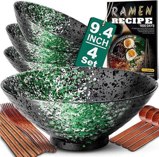 9.4Inch Ceramic Ramen Bowl Set of 4 (17 Piece) - Porcelain Japanese Salad Noodles Cereal Fruit Pasta Soup Large Bowls with Recipes Chopsticks Forks Spoons for Men Women Gift Microwave Dishwasher Safe