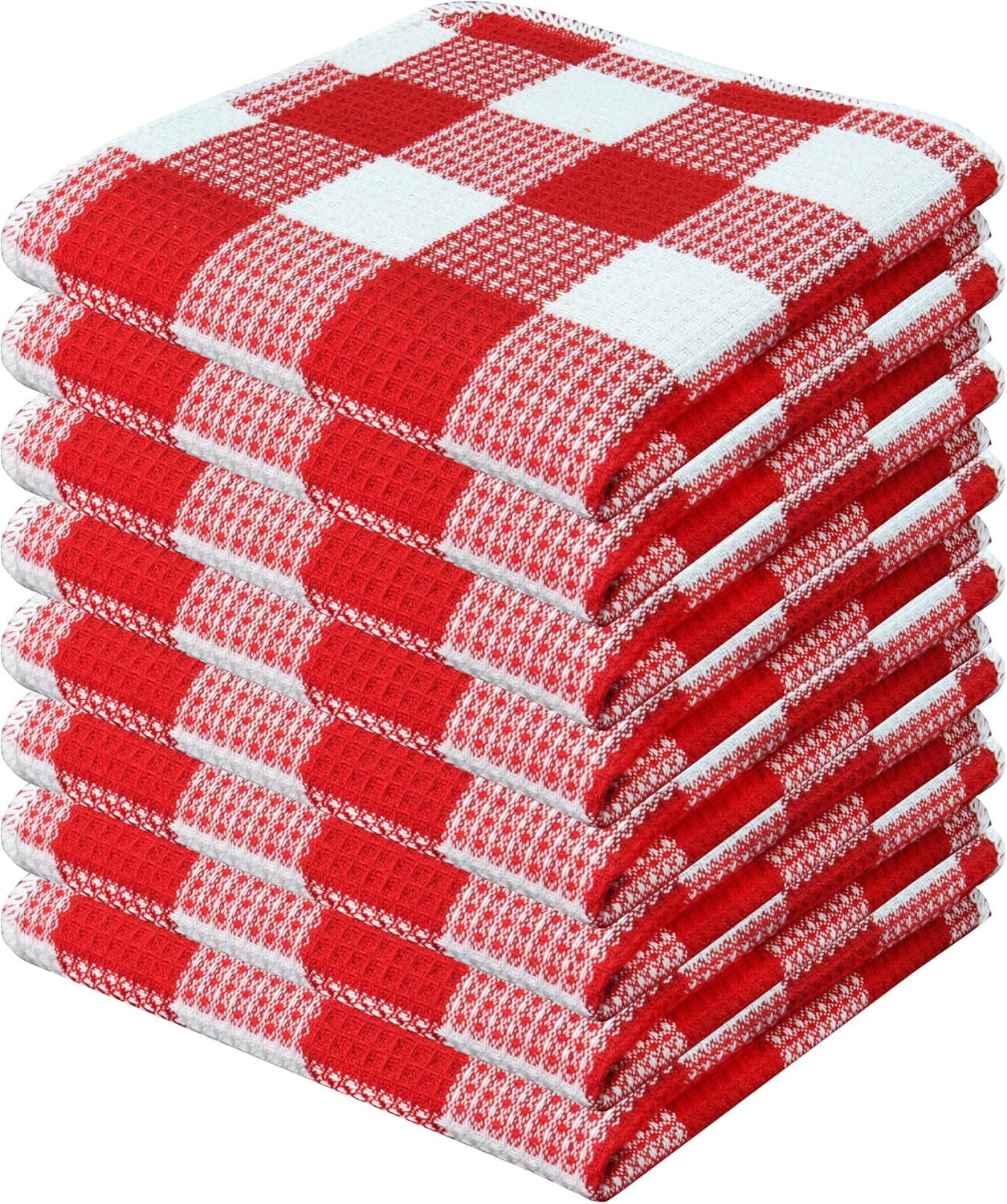 PurpleEssences Waffle Weave Plaid Dish Cloths, 100% Cotton - 12 x 12 Inches, Ultra Soft Absorbent Quick Drying Dish Towels Buffalo Check Dish Rags for Kitchen, 8 Pack - Spring Summer - Red & White