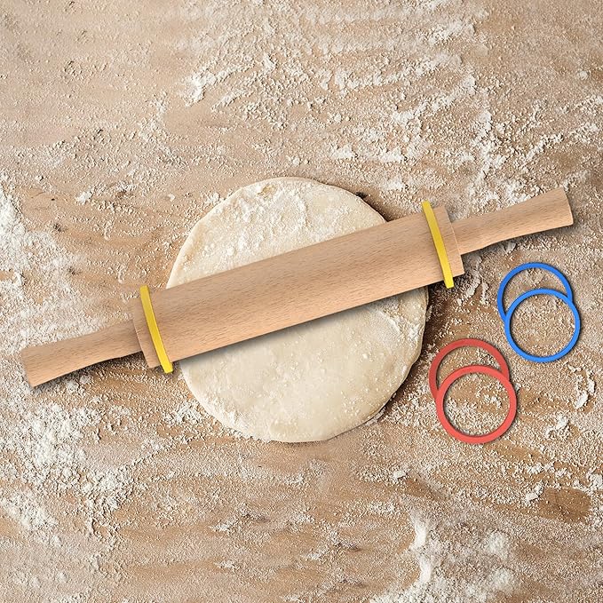 Classic Wooden Rolling Pin with Handle and Pastry Mat for Fondant, Pizza, Pies, Cookies, Rolling Pin for Baking with 3 Multi-Color Thickness Rings, 17" x 2.5" Natural Beechwood