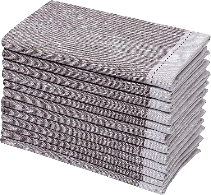 Ramanta Home Cloth Napkins Set of 12 Textured Cotton 18x18 - Premium Contrast Border Thanksgiving Dinner Napkins for Christmas Farmhouse Wedding, Soft Washable Table Linen for Everyday Use - Brown