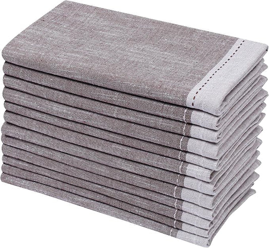 Ramanta Home Cloth Napkins Set of 12 Textured Cotton 18x18 - Premium Contrast Border Thanksgiving Dinner Napkins for Christmas Farmhouse Wedding, Soft Washable Table Linen for Everyday Use - Brown